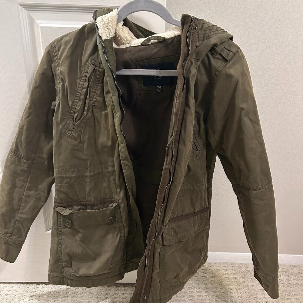 American Eagle olive fur hood jacket